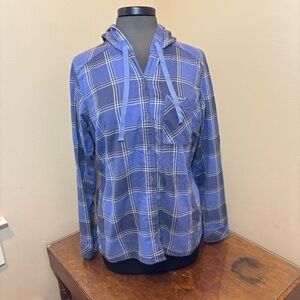 Columbia Blue Plaid Button-Down Hooded Shirt,Large, 100% cotton
